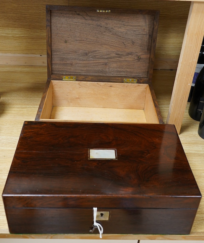 A Victorian carved walnut 'strawberry' box and a rosewood writing slope, largest 40cm wide. Condition - fair